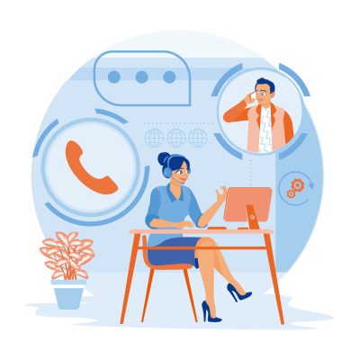 A young woman using a headset is sitting in front of the computer. Accepting consultations from male clients. Woman with phone calling to customer support service concept. flat vector modern illustration